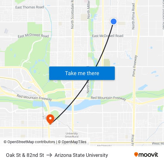 Oak St & 82nd St to Arizona State University map