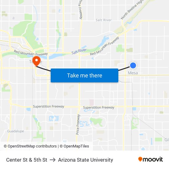 Center St & 5th St to Arizona State University map