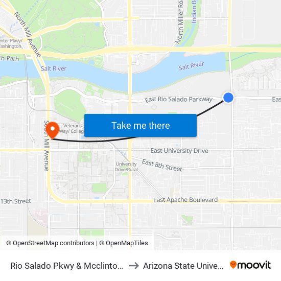 Rio Salado Pkwy & Mcclintock Dr to Arizona State University map