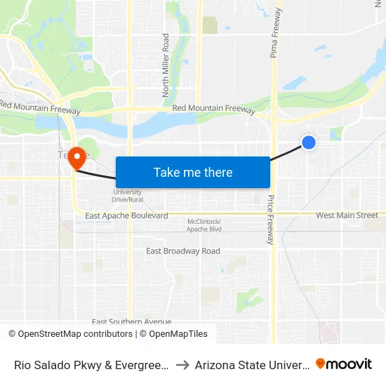 Rio Salado Pkwy & Evergreen Rd to Arizona State University map