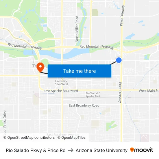 Rio Salado Pkwy & Price Rd to Arizona State University map