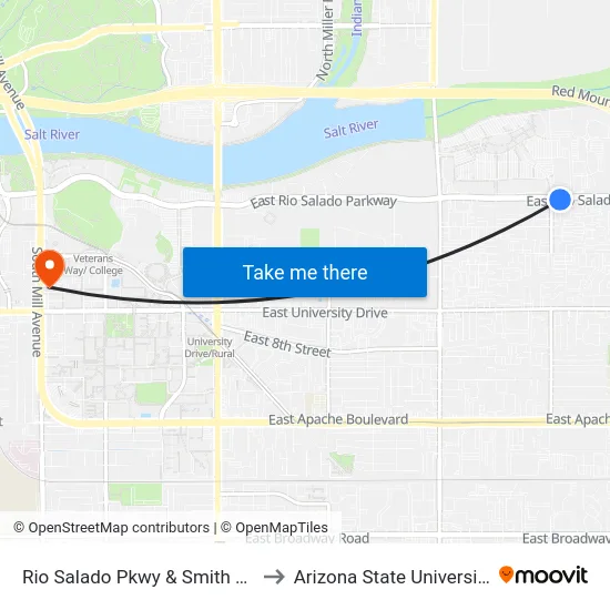Rio Salado Pkwy & Smith Rd to Arizona State University map