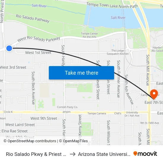 Rio Salado Pkwy & Priest Dr to Arizona State University map