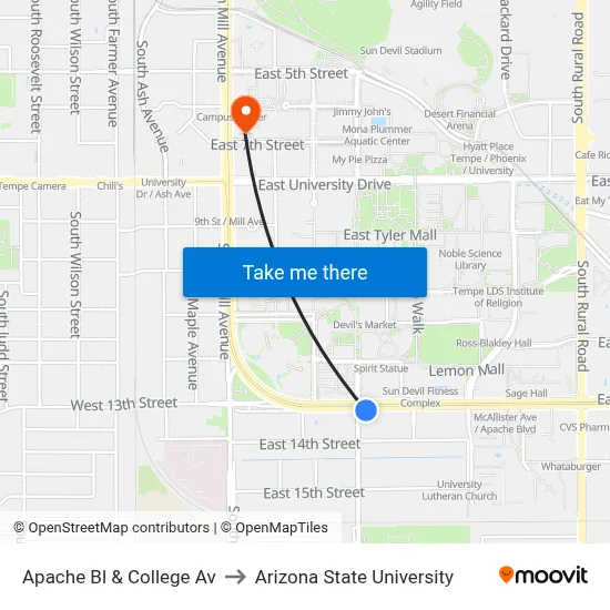 Apache Bl & College Av to Arizona State University map