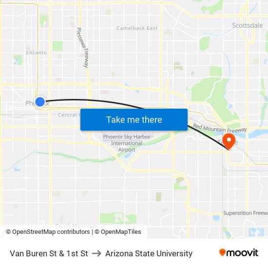 Van Buren St & 1st St to Arizona State University map