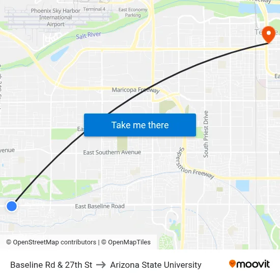 Baseline Rd & 27th St to Arizona State University map