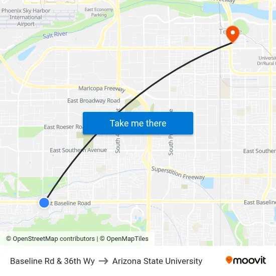 Baseline Rd & 36th Wy to Arizona State University map
