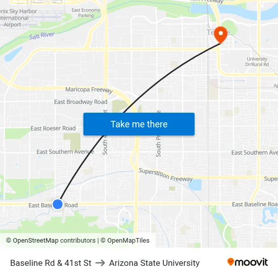 Baseline Rd & 41st St to Arizona State University map