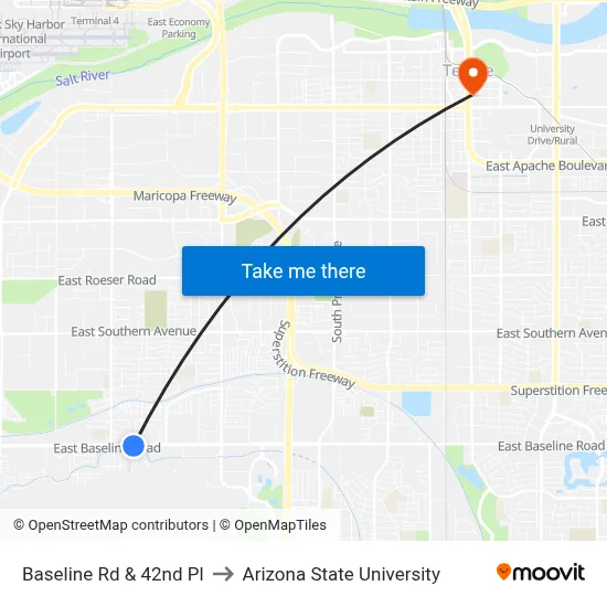 Baseline Rd & 42nd Pl to Arizona State University map