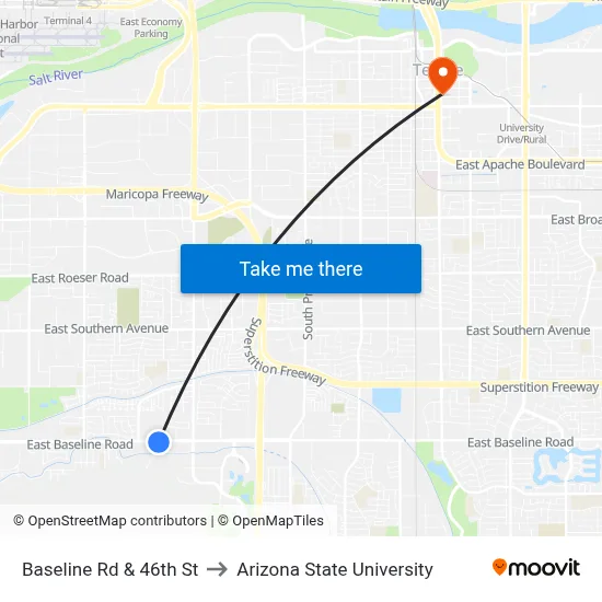Baseline Rd & 46th St to Arizona State University map