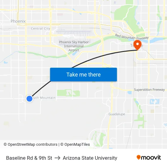 Baseline Rd & 9th St to Arizona State University map