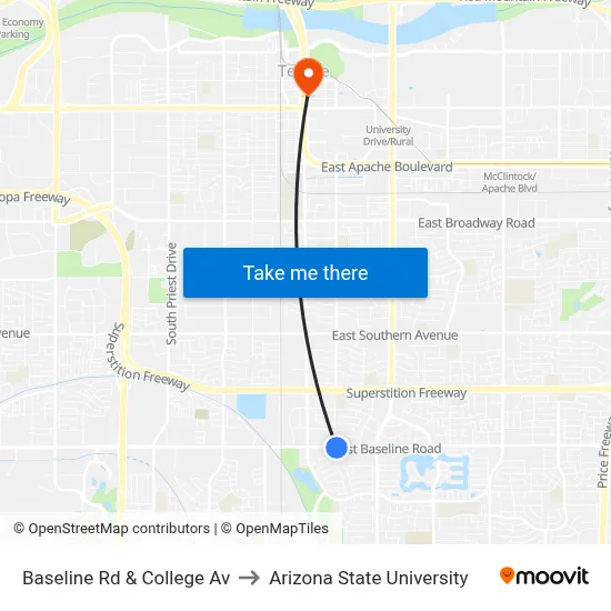 Baseline Rd & College Av to Arizona State University map