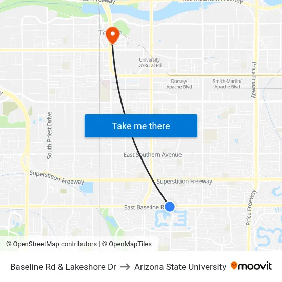 Baseline Rd & Lakeshore Dr to Arizona State University map