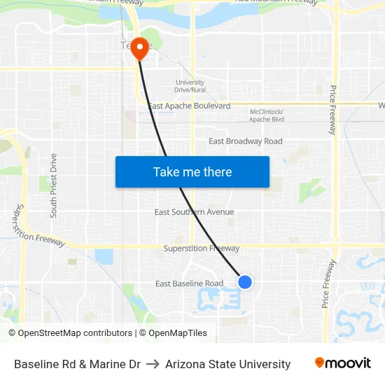 Baseline Rd & Marine Dr to Arizona State University map