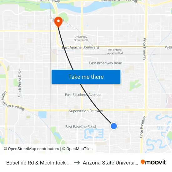 Baseline Rd & Mcclintock Dr to Arizona State University map