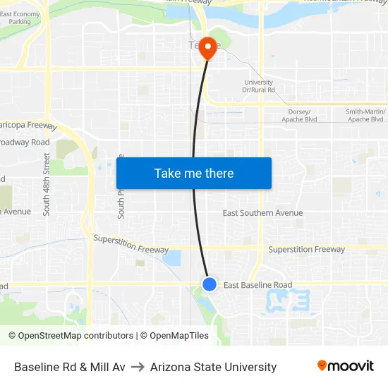 Baseline Rd & Mill Av to Arizona State University map