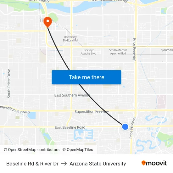 Baseline Rd & River Dr to Arizona State University map