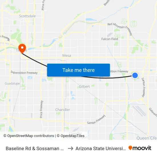 Baseline Rd & Sossaman Rd to Arizona State University map