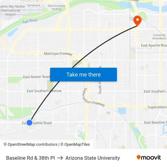 Baseline Rd & 38th Pl to Arizona State University map