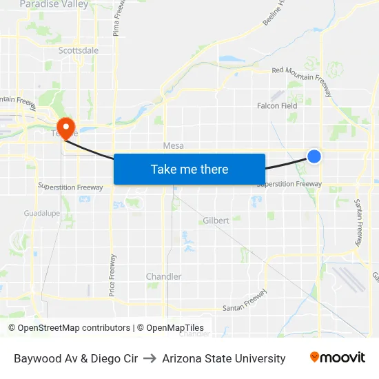 Baywood Av & Diego Cir to Arizona State University map