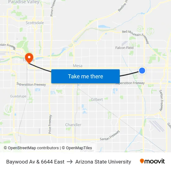 Baywood Av & 6644 East to Arizona State University map