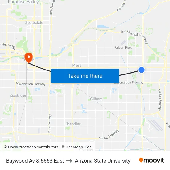 Baywood Av & 6553 East to Arizona State University map