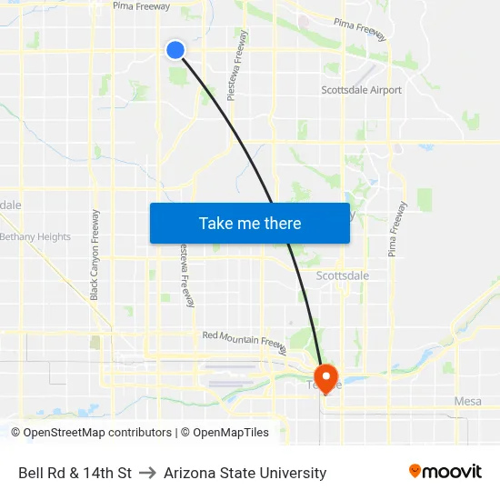 Bell Rd & 14th St to Arizona State University map