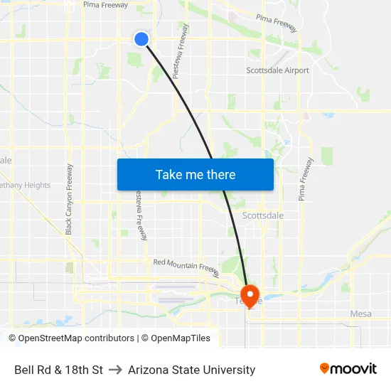 Bell Rd & 18th St to Arizona State University map