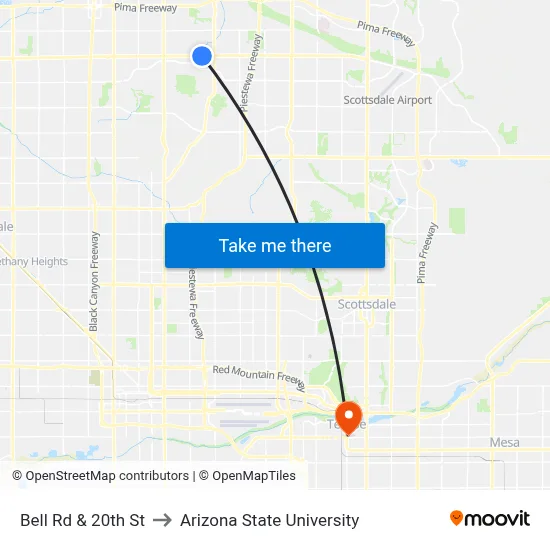 Bell Rd & 20th St to Arizona State University map