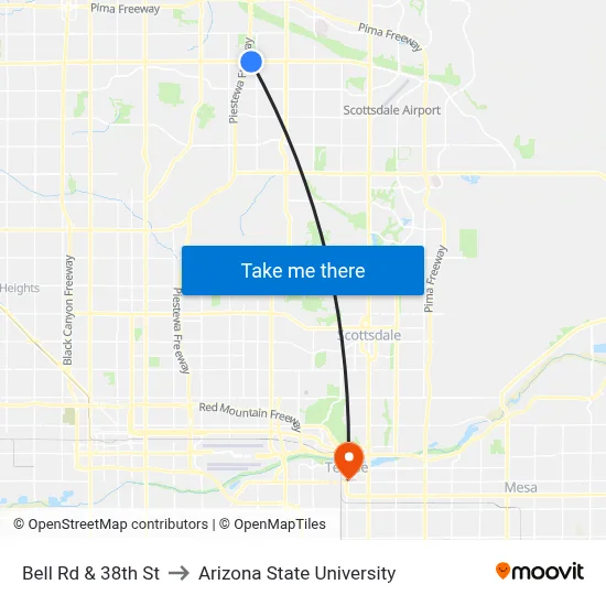 Bell Rd & 38th St to Arizona State University map