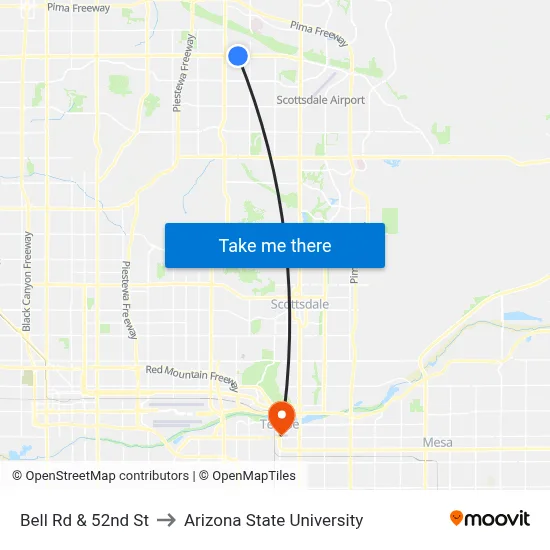 Bell Rd & 52nd St to Arizona State University map