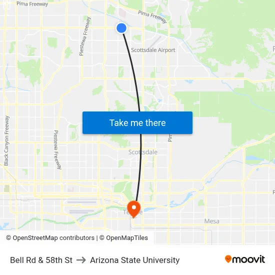 Bell Rd & 58th St to Arizona State University map