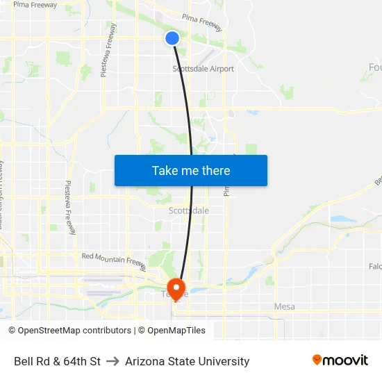 Bell Rd & 64th St to Arizona State University map