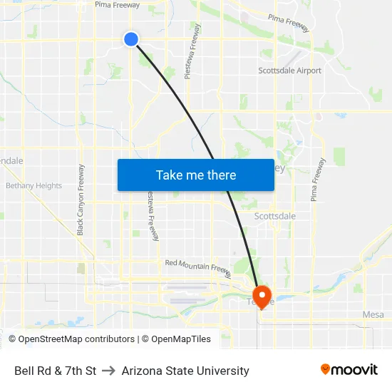 Bell Rd & 7th St to Arizona State University map