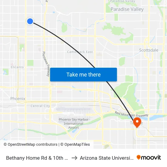 Bethany Home Rd & 10th St to Arizona State University map