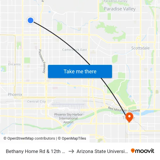 Bethany Home Rd & 12th St to Arizona State University map
