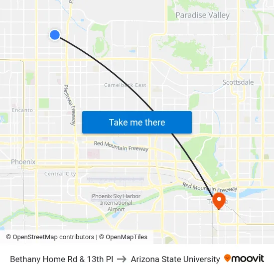 Bethany Home Rd & 13th Pl to Arizona State University map