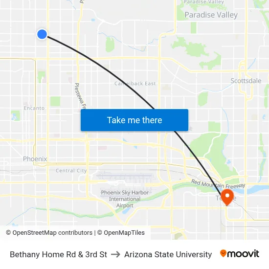 Bethany Home Rd & 3rd St to Arizona State University map
