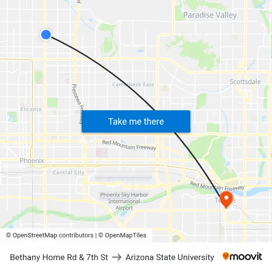 Bethany Home Rd & 7th St to Arizona State University map