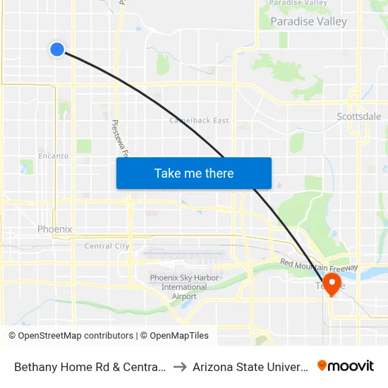 Bethany Home Rd & Central Av to Arizona State University map