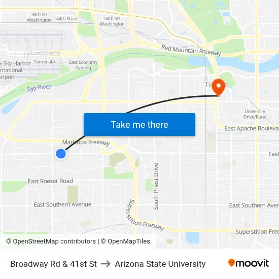 Broadway Rd & 41st St to Arizona State University map