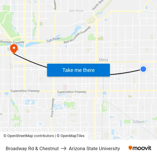 Broadway Rd & Chestnut to Arizona State University map