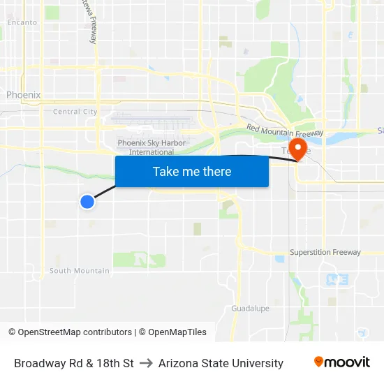 Broadway Rd & 18th St to Arizona State University map
