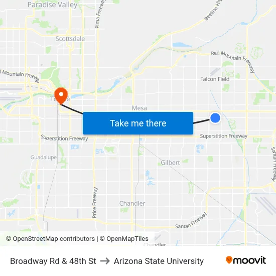 Broadway Rd & 48th St to Arizona State University map