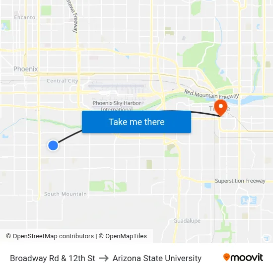 Broadway Rd & 12th St to Arizona State University map