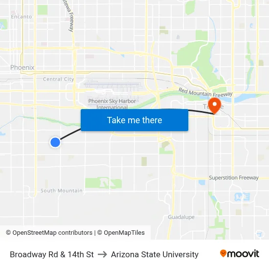Broadway Rd & 14th St to Arizona State University map