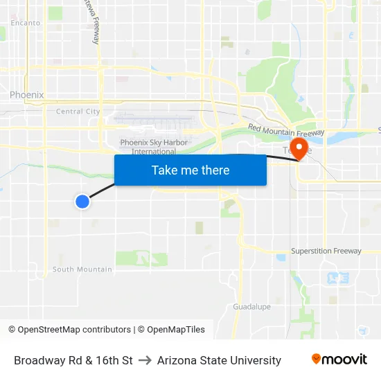 Broadway Rd & 16th St to Arizona State University map