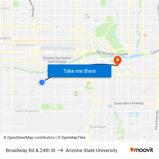 Broadway Rd & 24th St to Arizona State University map