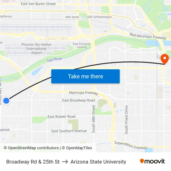 Broadway Rd & 25th St to Arizona State University map
