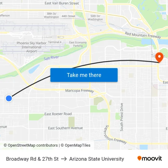 Broadway Rd & 27th St to Arizona State University map